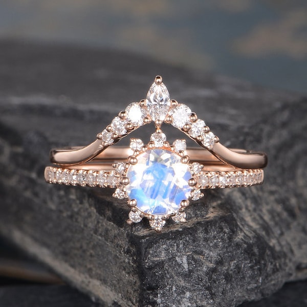 Mondstein Verlobungsring Rosegold Brautsets Diamant gebogener Ehering halbe Ewigkeit Frauen Jahrestag Halo Versprechen Chevron Marquise