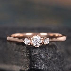 Diamond Engagement Ring Rose Gold Three Stone Solitaire 3 Stone Bridal Wedding Women Anniversary Gift For Her Dainty Delicate Women Ring