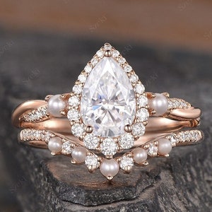 1.6ct Pearl Moissanite Engagement Ring Set Rose Gold Women Pear Shaped Moissanite Bridal Set Halo Infinity Diamond Wedding Jewelry Ring