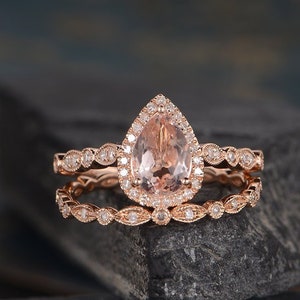Art Deco Morganite Engagement Ring Rose Gold Bridal Set Pear Shaped Ring Wedding Halo Diamond Half Eternity Band Women Anniversary Gift 2pcs