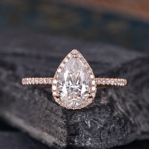 Rose Gold Moissanite Engagement Ring Pear Shaped 6X9mm Halo Diamond Bridal Wedding Ring Antique Tear Drop Half Eternity Anniversary Women