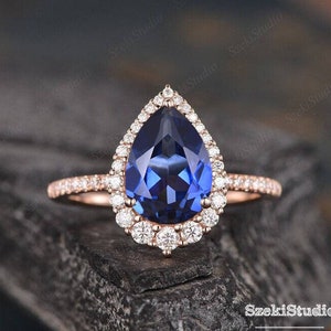 Pear Shaped Lab Sapphire Engagement Ring Cluster Halo Vintage Wedding Ring Rose Gold Tear Drop Ring Moissanite Ring Art Deco Gift For Her