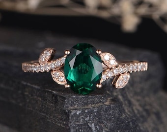 Lab Emerald Engagement Ring Rose Gold Leaf Vine Diamond Band Curved Promise Birthstone Half Eternity Unique Women Oval Cut Anniversary Ring
