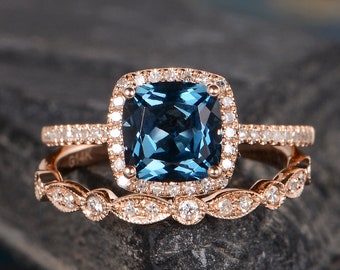 London Blue Topaz Engagement Ring Rose Gold Bridal Set Art Deco Band Milgrain Cushion Cut Halo Diamond Half Eternity Ring Anniversary Gift