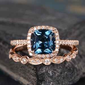 London Blue Topaz Engagement Ring Rose Gold Bridal Set Art Deco Band Milgrain Cushion Cut Halo Diamond Half Eternity Ring Anniversary Gift