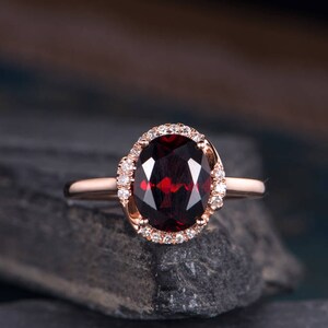 Garnet Engagement Ring Rose Gold Diamond Halo Oval Cut Half Eternity Ring Bridal Women Anniversary Gift For Her Unique Promise Ring
