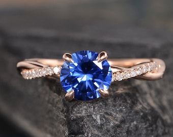 Lab Sapphire Engagement Ring Rose Gold September Birthstone Twist Solitaire Ring Diamond Infinity Half Eternity Bridal Women Anniversary