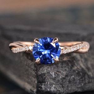 Lab Sapphire Engagement Ring Rose Gold September Birthstone Twist Solitaire Ring Diamond Infinity Half Eternity Bridal Women Anniversary