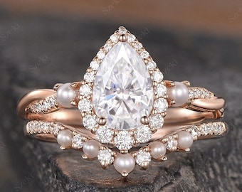 1.6ct Pearl Moissanite Engagement Ring Set Rose Gold Women Pear Shaped Moissanite Bridal Set Halo Infinity Diamond Wedding Jewelry Ring