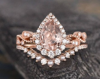 1.5ct Pear Morganite Engagement Ring Leaf Moissanite Band Rose Gold Pear Shaped Morganite Bridal Set Halo Infinity Diamond Wedding Jewelry