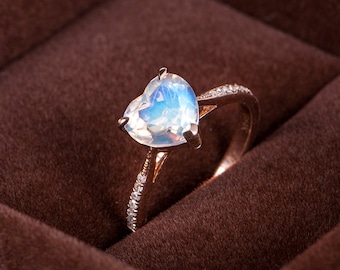 Heart Shaped Moonstone Engagement Ring Rose Gold Solitaire Half Eternity Milgrain Bridal Wedding Ring Women Anniversary Gift For Her Rainbow