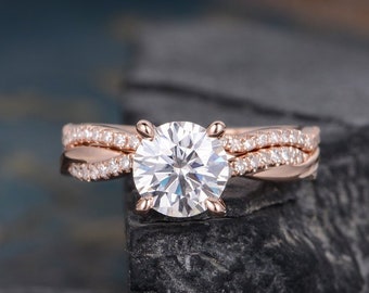 Infinity Moissanite Ring Set Rose Gold Solitaire Engagement Ring Twist Diamond Bridal Set Half Eternity Ring Women Promise Anniversary 2pcs