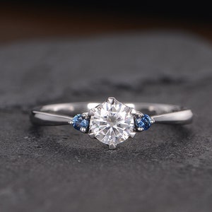 White Gold Three Stone Moissanite Engagement Ring Natural Sapphire 3 Stone Bridal Wedding Women Anniversary Gift For Her Gift