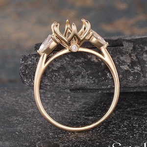 Vintage Tulip Floral Engagement Ring Setting Yellow Gold Three Stone Moissanite Ring Setting Custom Semi Mount Cathedral Ring Promise Ring