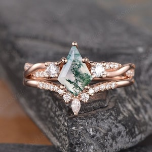 Drie stenen vliegergeslepen groene mosagaat verlovingsring set 14K roségouden vintage marquise diamanten ring voor vrouwen unieke bruidstrouwring