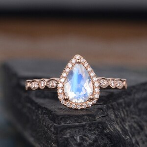 Art Deco Moonstone Engagement Ring Rose Gold Pear Shaped Moonstone Ring Halo Diamond Antique Tear Drop Ring Anniversary Gift For Her Bridal