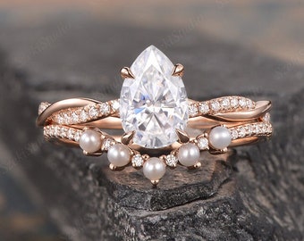 Pearl Moissanite Engagement Ring Set Pear Shaped Bridal Ring Set  Infinity Diamond Half Eternity Ring Twist Solitaire Anniversary Ring Rose