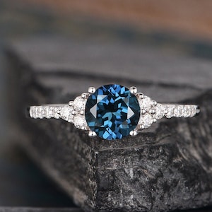 London Blue Topaz Engagement Ring White Gold Diamond Cluster 1CT Blue Topaz Ring Bridal Wedding Anniversary Gift For Her Antique Jewelry
