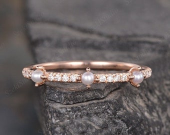 Pearl Diamond Wedding Band Pearl Matching Ring Akoya Pearl Ring Women Rose Gold Half Eternity Delicate Stack Moissanite Ring Bridal Gift