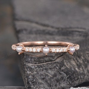 Pearl Diamond Wedding Band Pearl Matching Ring Akoya Pearl Ring Women Rose Gold Half Eternity Delicate Stack Moissanite Ring Bridal Gift