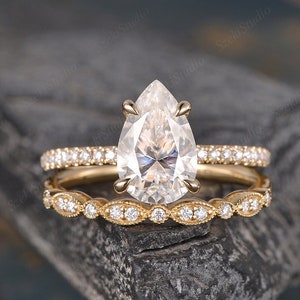 2CT Hidden Halo Ring Pear Moissanite Bridal Ring Set Rose Gold Engagement Ring Set Solitaire Wedding Ring Set Half Eternity Diamond