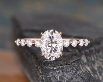 Oval Cut Moissanite Engagement Ring Rose Gold Solitaire Moissanite Ring Unique Bottom Design Half Eternity Bridal Wedding Ring Woman