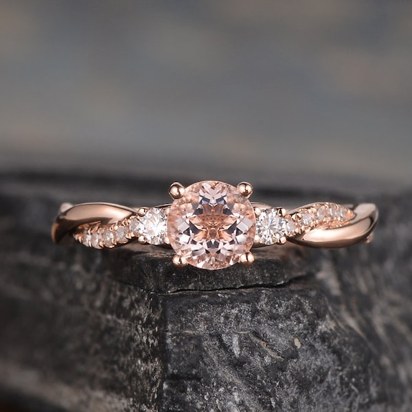 Rose Gold Morganite Engagement Ring Twist Three Stone Moissanite Infinity Diamond Half Eternity Ring Bridal Women Promise Ring Anniversary