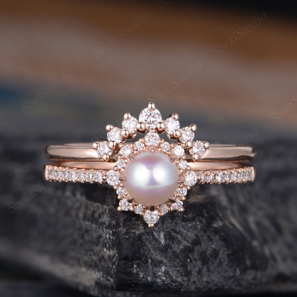 Rose Gold Pearl Engagement Ring Bridal Set Halo Diamond Natural Akoya Pink Pearl June Birthstone Women Anniversary Gift Curved Band 2pcs