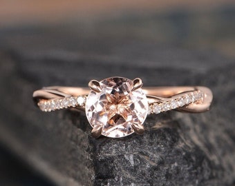 Infinity Morganite Engagement Ring Rose Gold Twist Solitaire Moissanite Ring Diamond Half Eternity Ring Bridal Woman Promise Ring 7mm Round