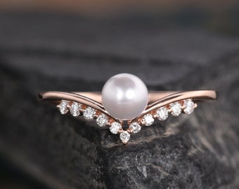 Pearl Engagement Ring Rose Gold Diamond Curved Chevron V Shaped Unique Antique June Birthstone Anniversary Gift Women Bridal Wedding Ring
