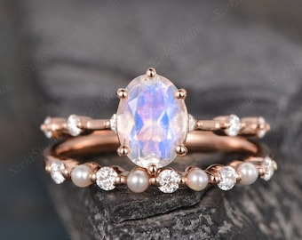 1.2CT Solitaire Oval Moonstone Ring Rose Gold Engagement Ring Set Bridal Set Pearl Diamond Band Unique Bottom Moissanite Wedding Ring Gift