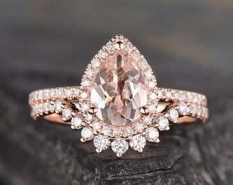 Pear Shaped Morganite Engagement Ring Set Rose Gold Bridal Set | Etsy