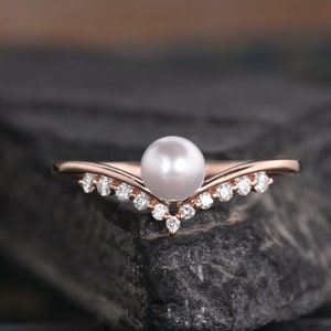 Pearl Engagement Ring Rose Gold Diamond Curved Chevron V Shaped Unique Antique June Birthstone Anniversary Gift Women Bridal Wedding Ring