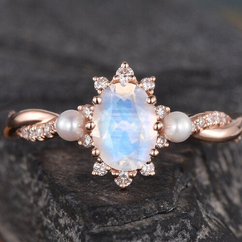 Rose Gold Moonstone Engagement Ring Infinity Wedding Band - Etsy