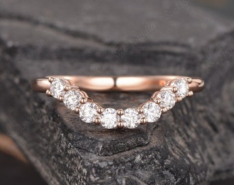 Moissanite Wedding Band Women Curved Chevron Matching Band Rose Gold  Cluster Stack Wedding Ring Dainty Bridal Ring Unique Anniversary Ring