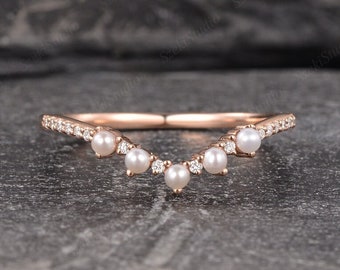 Pearl Wedding Band Matching Ring Rose Gold Pearl Curved Diamond V Shaped Chevron Stack Ring Custom Made Ring Delicate Bridal Ring