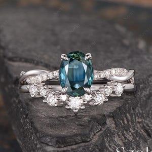 Unique Natural Teal Sapphire Engagement Ring Set White Gold Oval Cut Sapphire Ring Cluster Diamond Ring Infinity Ring Solitaire Promise Ring