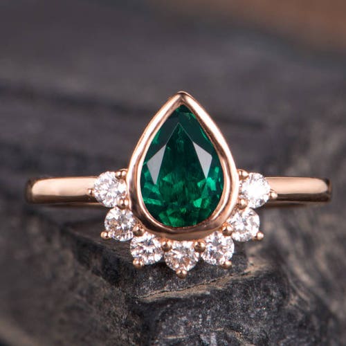 Lab Emerald Engagement Ring Rose Gold Leaf Vine Diamond Band - Etsy