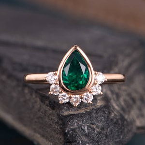 Rose Gold Lab Emerald Engagement Ring Pear Shaped Diamond Halo Bezel Set Promise May Birthstone Half Eternity Unique Women Anniversary Ring