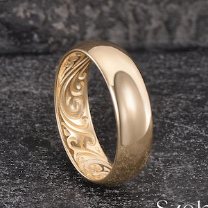 6MM Nature Inspired Leaf Branch Mens Wedding Band Solid Gold Leaf Engraved Mens Ring Vintage Mens Engagement Ring Promise Gift For Him