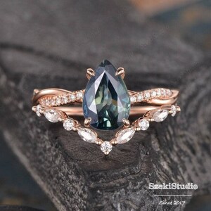 Natural Teal Sapphire Engagement Ring Set 2pcs Pear Shaped Engagement Ring Rose Gold Bridal Set Blue Green Sapphire Infinity Mixed Color