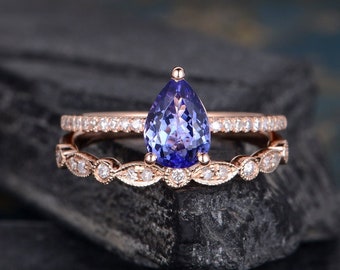 Pear Shaped Tanzanite Engagement Ring Rose Gold Bridal Set Solitaire Half Eternity Diamond Art Deco Anniversary Women Retro Promise Custom