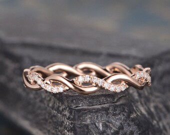 Anillo de boda de oro rosa con diamantes trenzados, alianza de eternidad completa para mujer, anillo infinito, alianza apilable única a juego, anillo de promesa nupcial para uso diario.