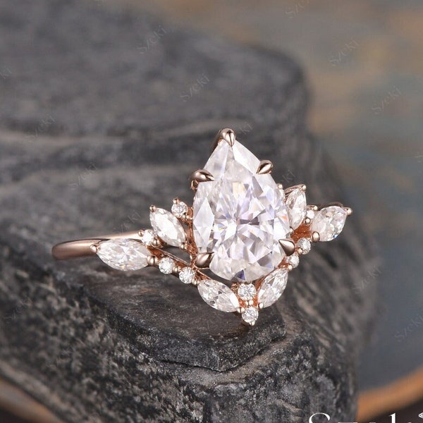 Pear Shaped Moissanite Engagement Ring Rose Gold Cluster Wedding Ring Women Unique Curved 14K Gold Ring Vintage Ring For Her Anniversary