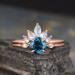 London Blue Topaz Engagement Ring Rose Gold Round Cut 7mm Pear Shaped Moonstone Band Two Ring Set Ring Anniversary Gift Women For Her