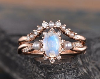 Oval Cut Moonstone Engagement Ring Set Rose Gold Moonstone Bridal Set Infinity Wedding Set Akoya Pearl Birthstone June Bridal Diamond 2pcs