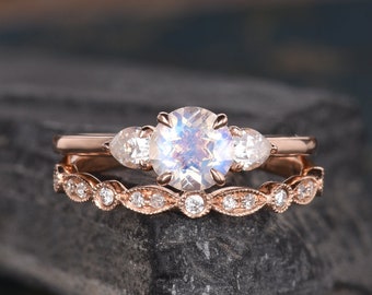 Rose Gold Moonstone Engagement Ring Bridal Set Moissanite Three Stone Diamond Band Wedding Pear Shaped Half Eternity Promise Women Art Deco