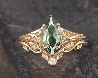 Marquise Grön Safir Förlovningsring Set Vintage Lövranka Ring Gult Guld Keltisk Knut Vigselring Naturinspirerad Ring Brudset