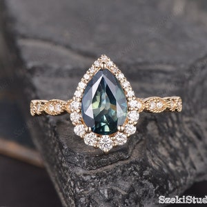 Natural Teal Sapphire Engagement Ring Three Stone Green Sapphire Bridal Set Infinity Half Eternity Ring Twist Wedding Ring Anniversary Ring