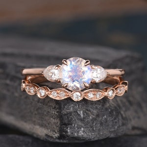 Rose Gold Moonstone Engagement Ring Bridal Set Moissanite Three Stone Diamond Band Wedding Pear Shaped Half Eternity Promise Women Art Deco